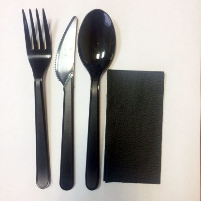 Комплект Премиум Черный: Ложка столовая+Вилка+Нож+Салфетка 24см в индивидуальной упаковке 4612